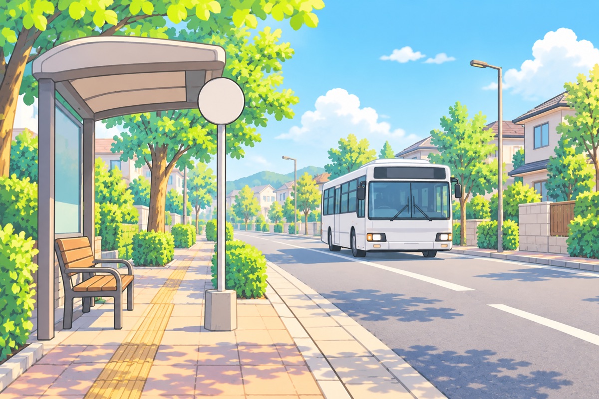 住宅街のバス停に路線バスが近づいてくる様子