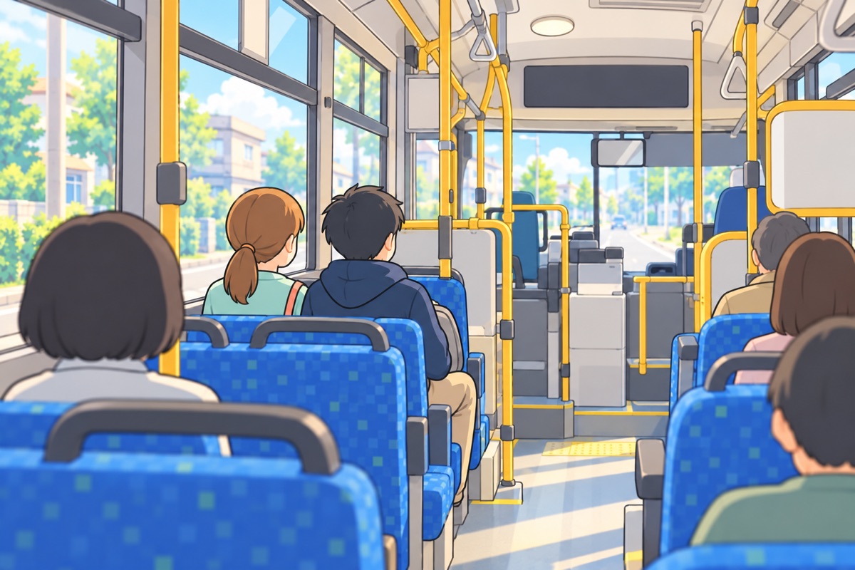 バスの前のほうの席に、本人と付き添いが並んで座っている後ろ姿