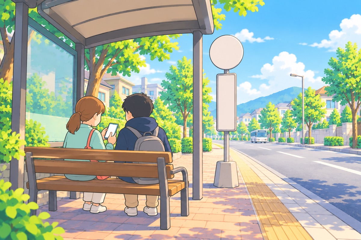 バス停のベンチで、付き添いがスマートフォンを見ながら本人に話しかける後ろ姿