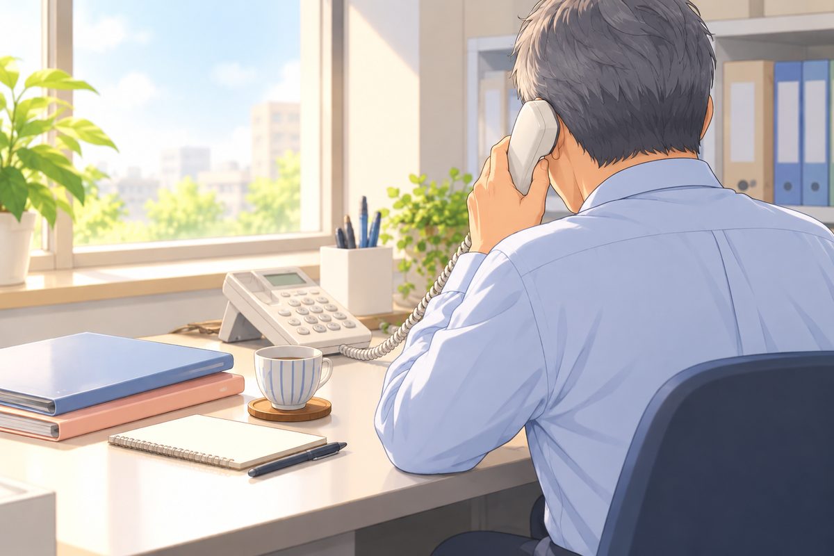事務所で電話を受ける人の背中と手元