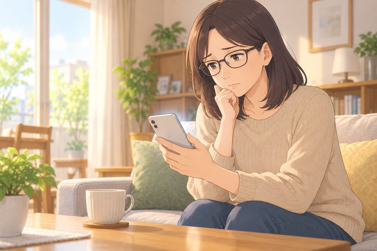 スマートフォンを手に、もやもやした表情でソファに座る娘