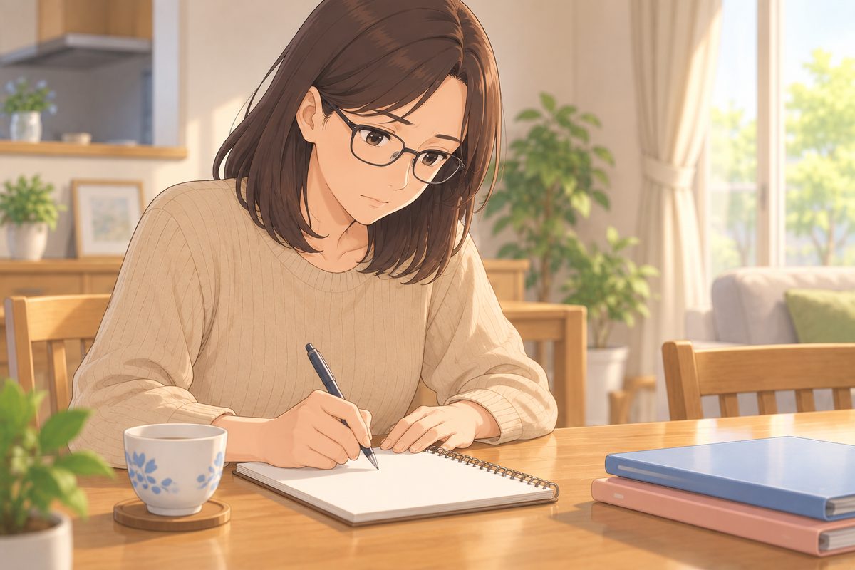 テーブルでメモ帳に書き出している娘