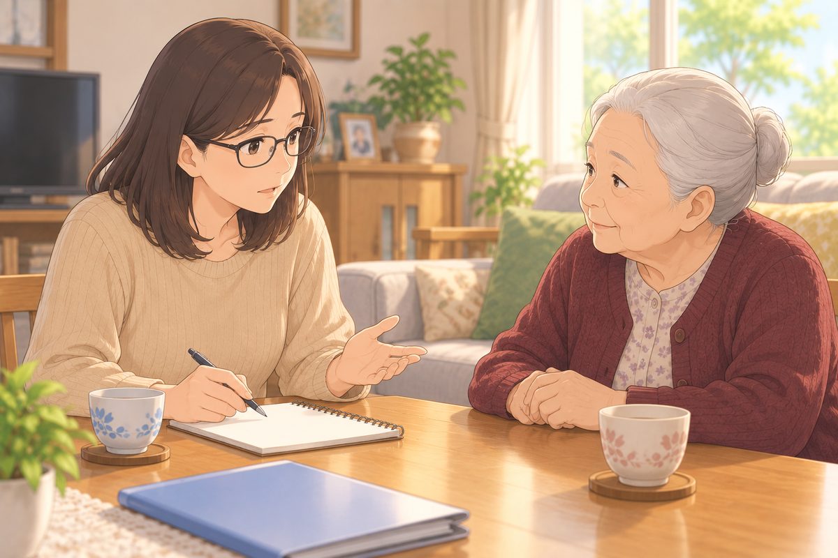 実家のリビングで、娘と母が向かい合って相談している