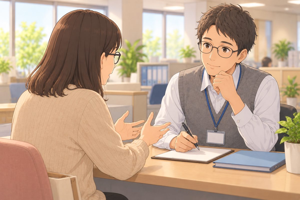 相談窓口で、娘が地域包括支援センターの職員に相談している
