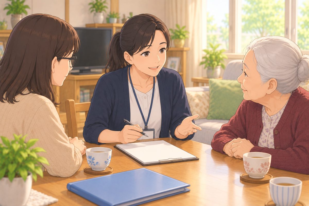 実家のテーブルで、新しいケアマネジャーが母と娘にあいさつしている