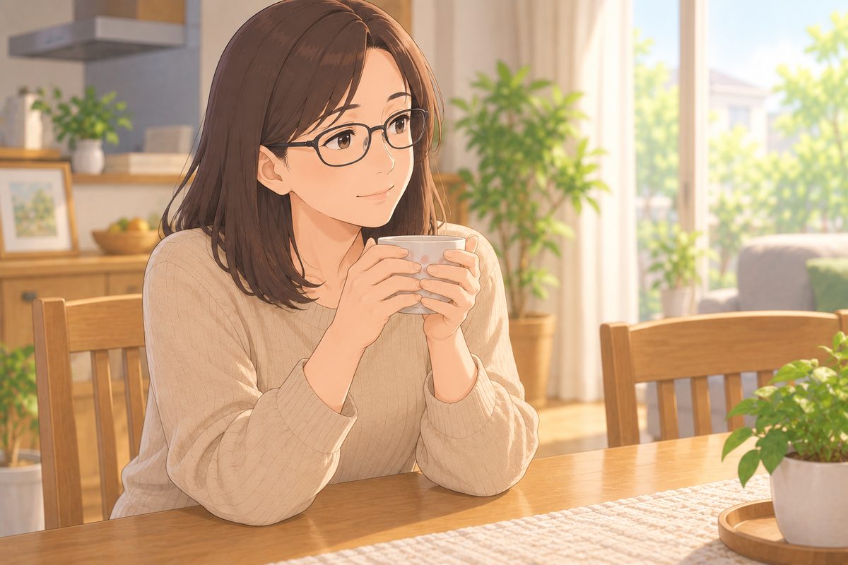 ダイニングで湯のみを手に、少しほっとした表情の娘