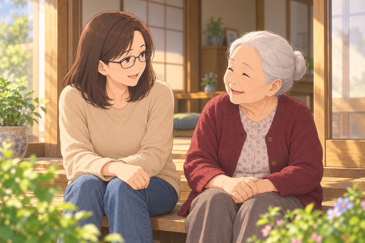 実家の縁側で、母と娘が並んで笑顔で話している