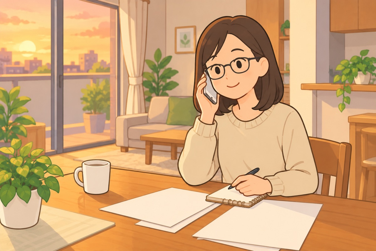 自宅のダイニングで落ち着いて電話する娘