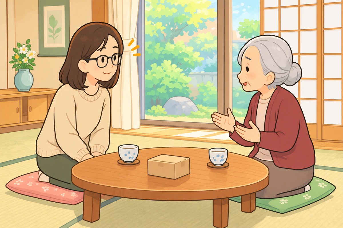 和室のちゃぶ台をはさんで、母の話をやさしく聞く娘
