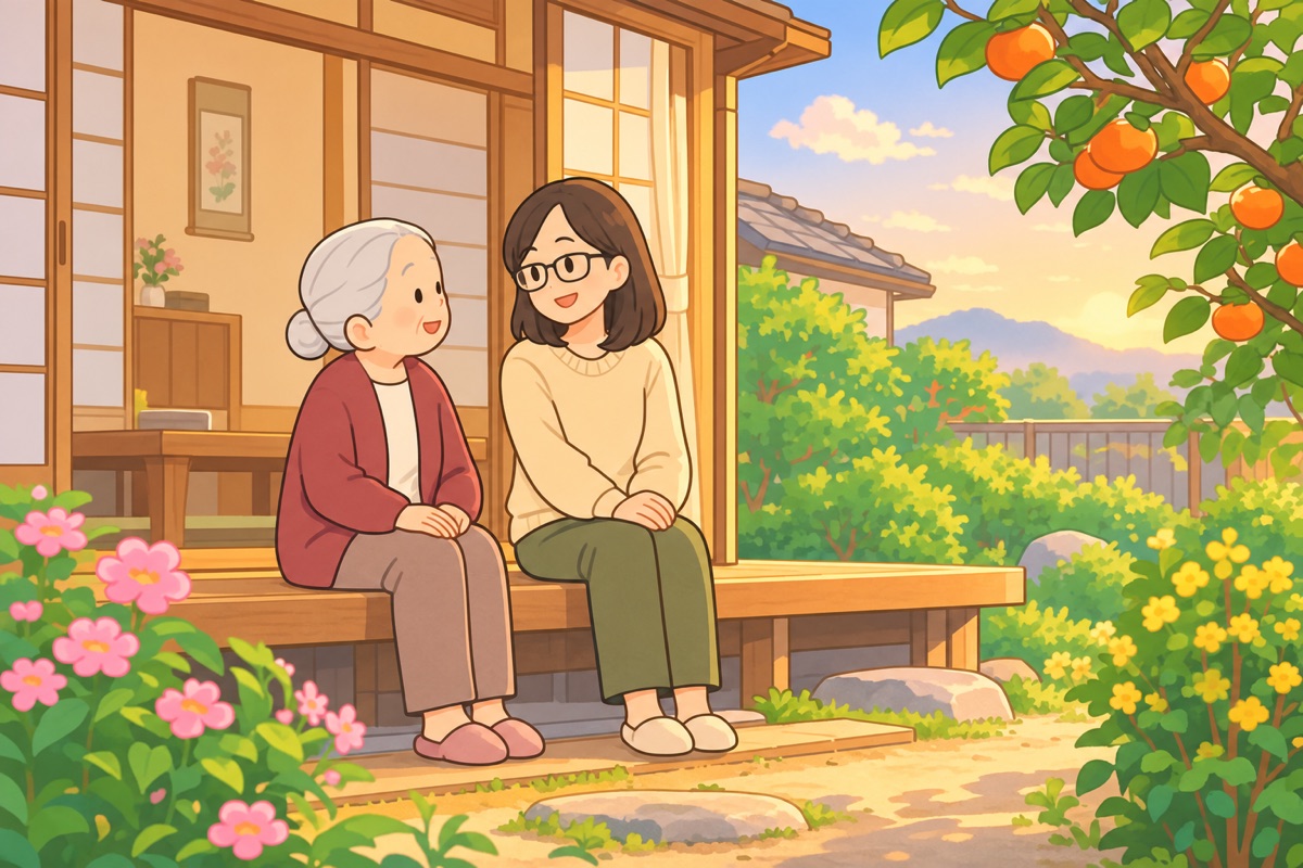 実家の縁側に並んで座り、笑顔で話す母と娘