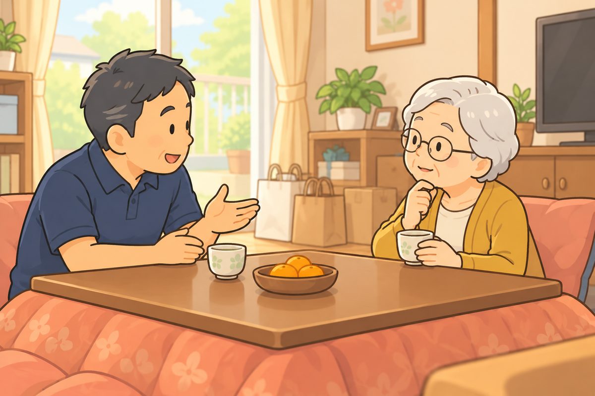 こたつをはさんで穏やかに話す子と親