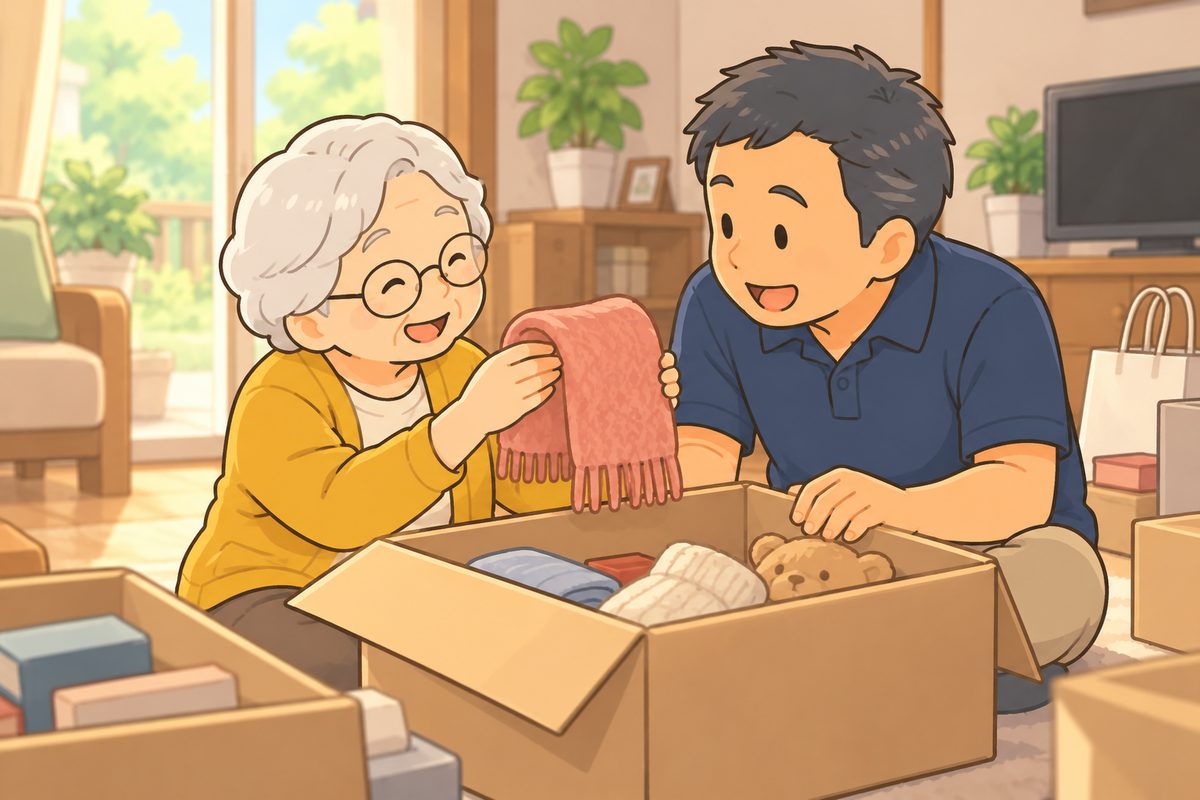 床の段ボールの中身を、子と親が一緒にのぞき込んでいる