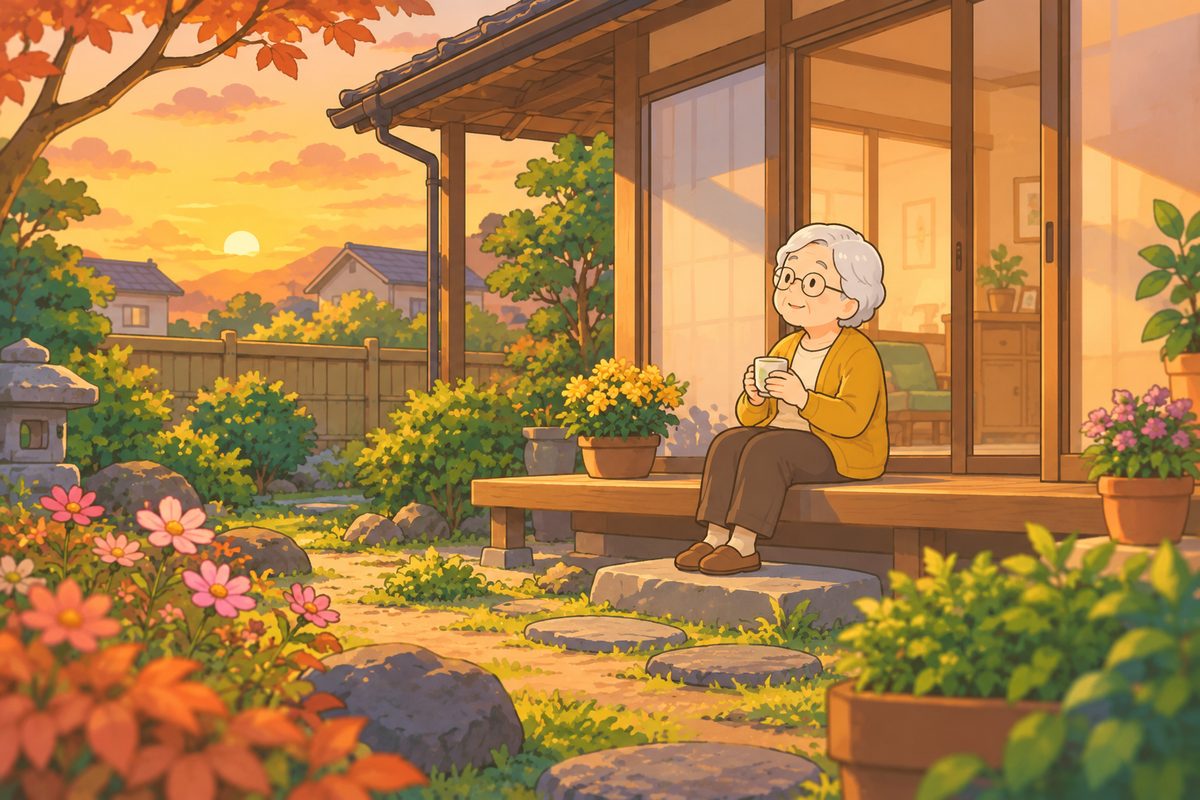縁側で湯のみを持ってくつろぐ親