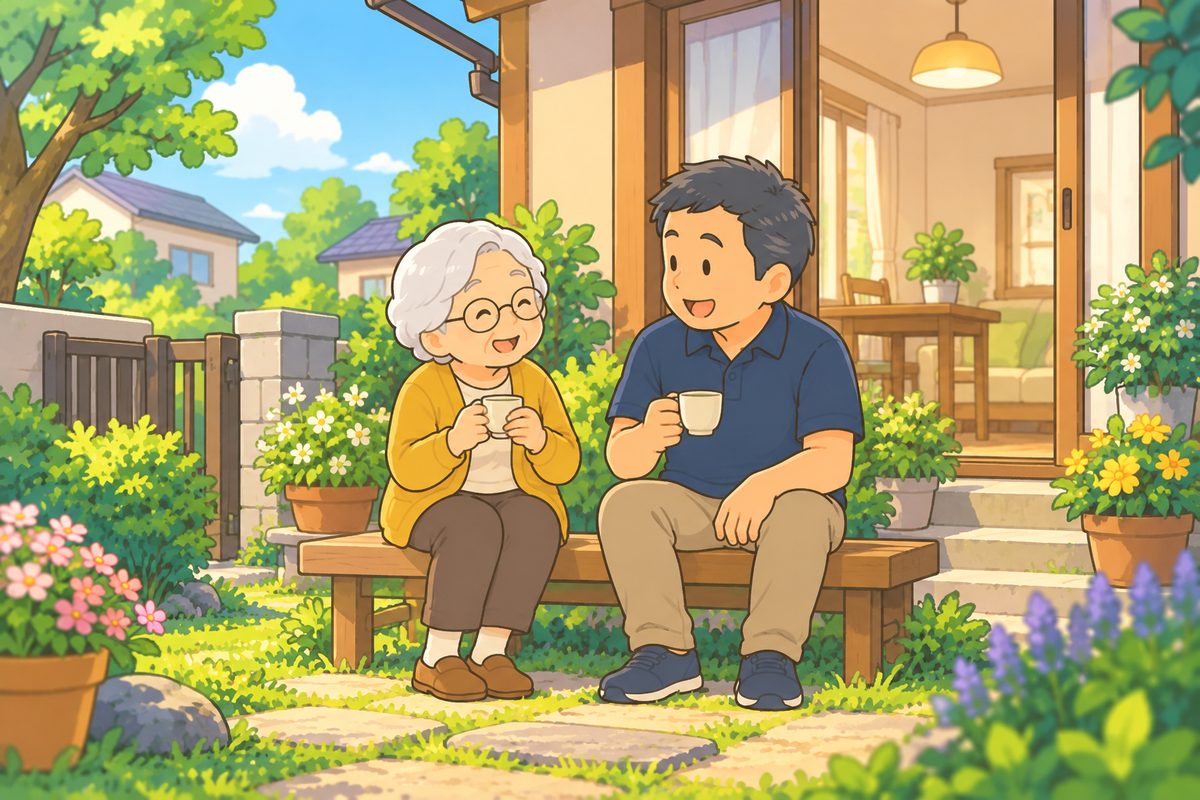 床がすっきりした居間で、親と子が並んでお茶を飲みながら笑顔で話している