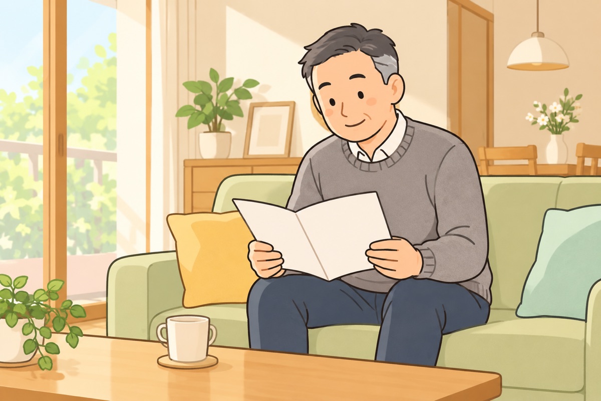 自宅のリビングで、パンフレットを手にほっとした表情の50代の男性