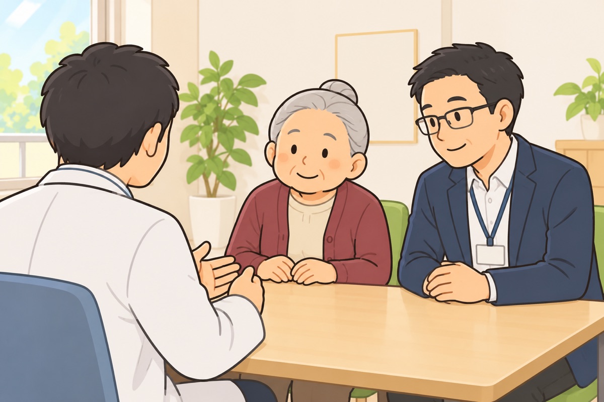 病院の面談室で、支援者が母の横に座り、目線を合わせて説明を聞いている
