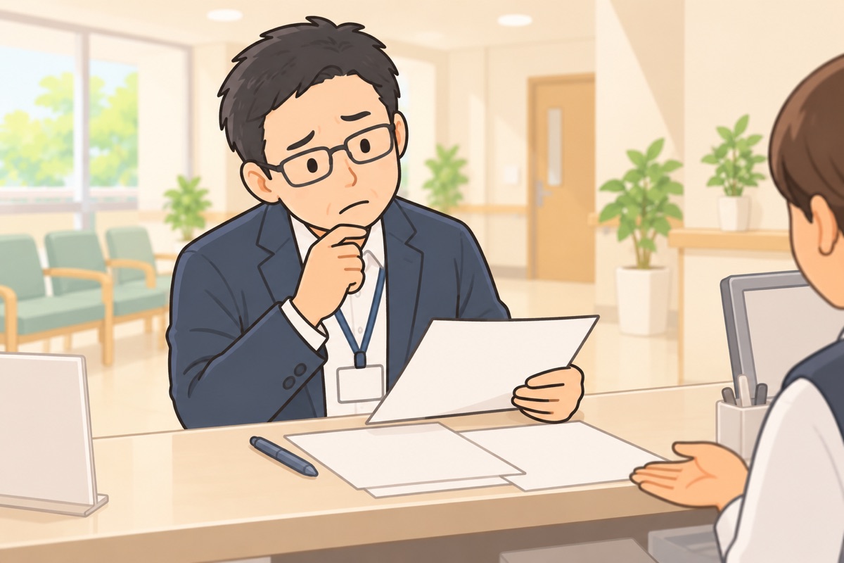 病院の受付で、無地の書類を前に支援者が少し困った顔をしている