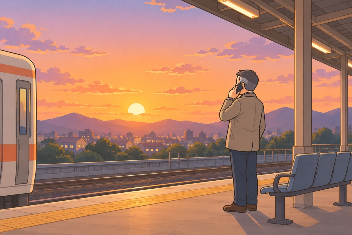 駅のホームで、電話をしながら遠くを見る50代の男性