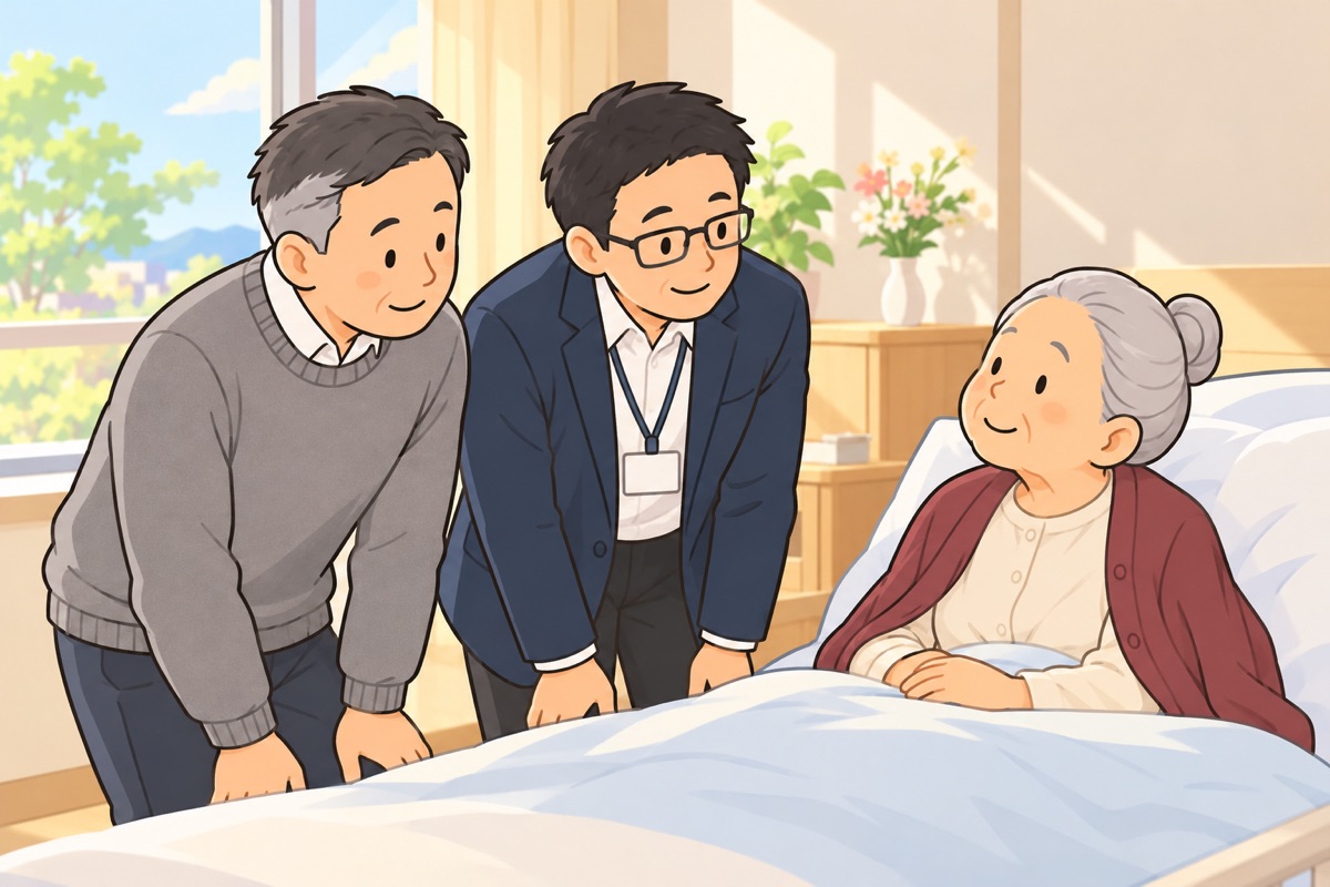 病室のベッドのそばで、男性と支援者が並んで母に話しかけている