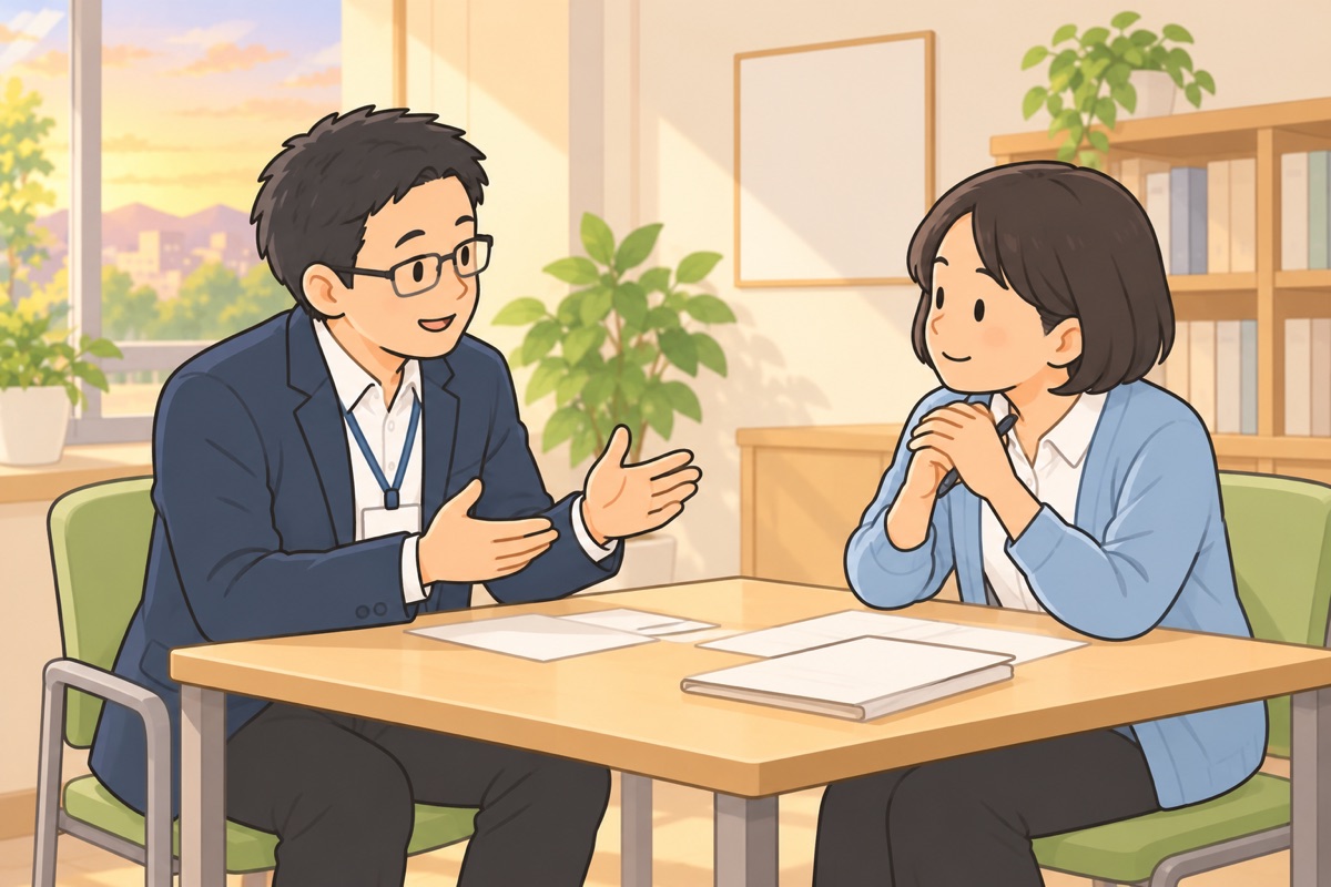病院の相談室で、支援者が相談員に説明し、相談員がうなずいている