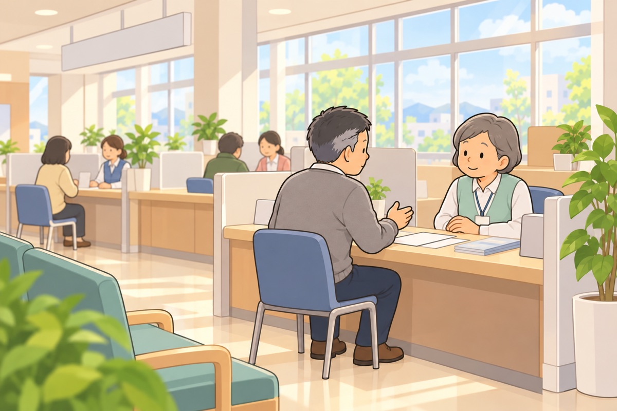 相談窓口で、男性がカウンター越しに話を聞いてもらっている