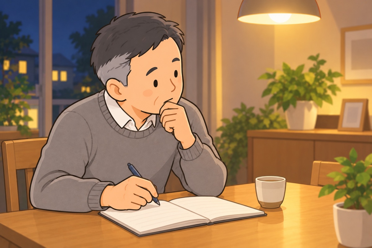 自宅のダイニングで、男性がノートに向かって考えている