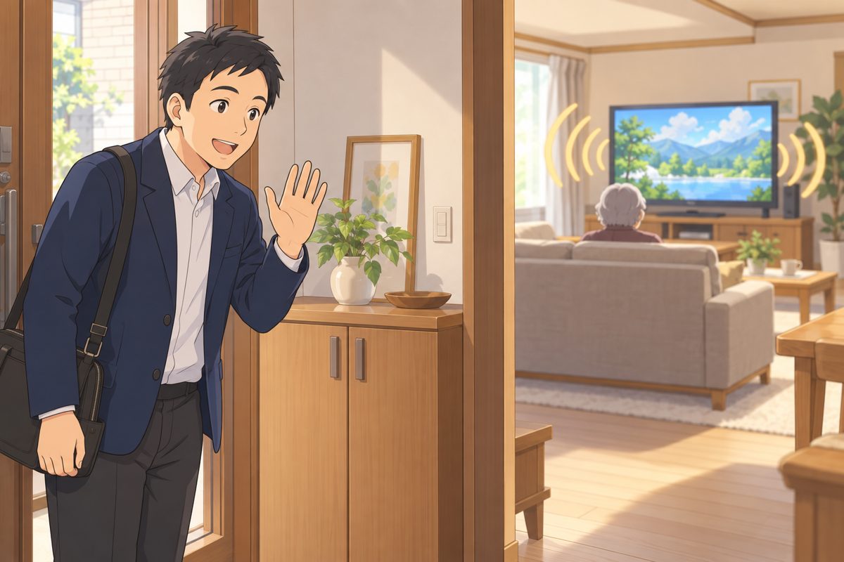 玄関であいさつする訪問者と、テレビの前に座る後ろ姿の高齢の人
