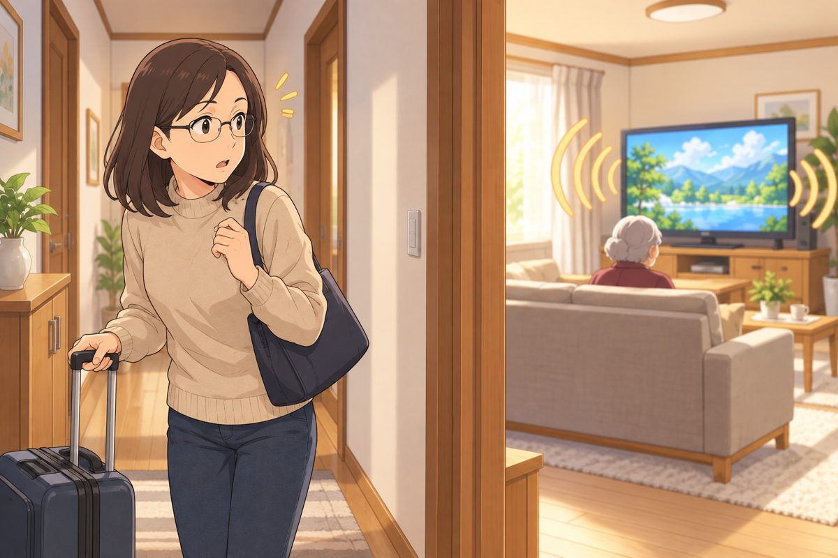 帰省した娘が、廊下で大きなテレビの音に気づいて立ち止まる