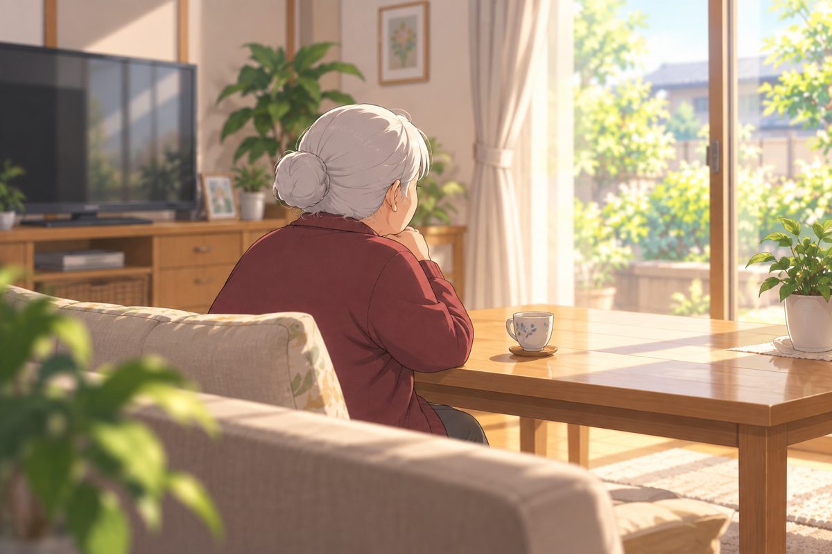 日の差すリビングで、ひとり静かに座っている母