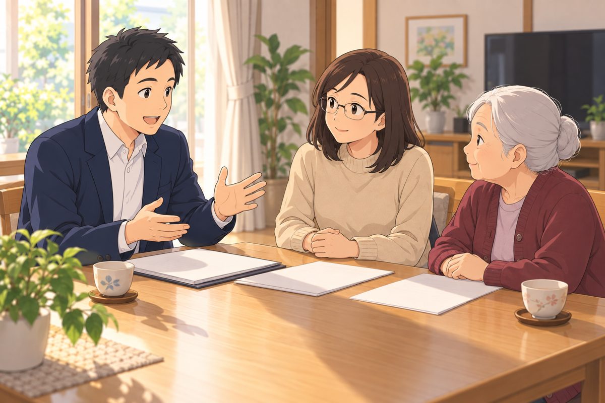 ケアマネジャーが娘と母におだやかに話している