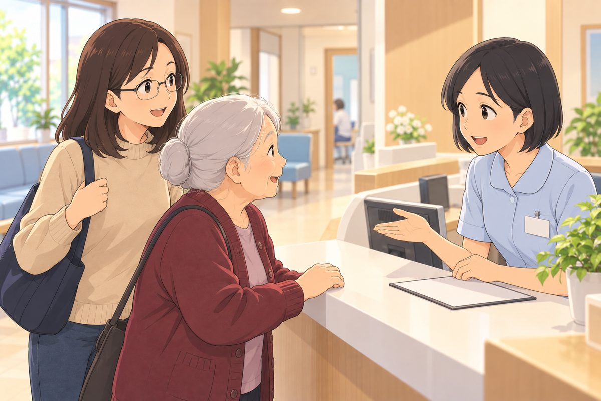 耳鼻科の受付で、娘に付き添われた母が話している
