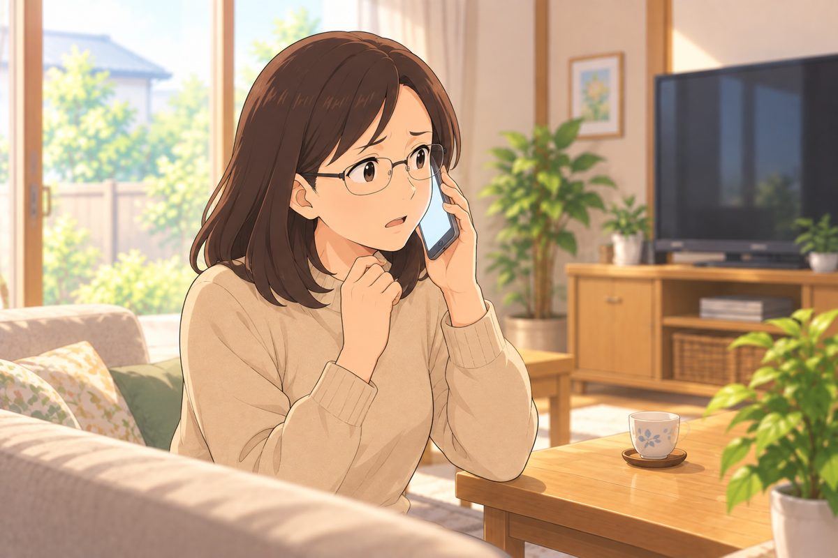 娘がスマートフォンで電話をしながら耳をすませている