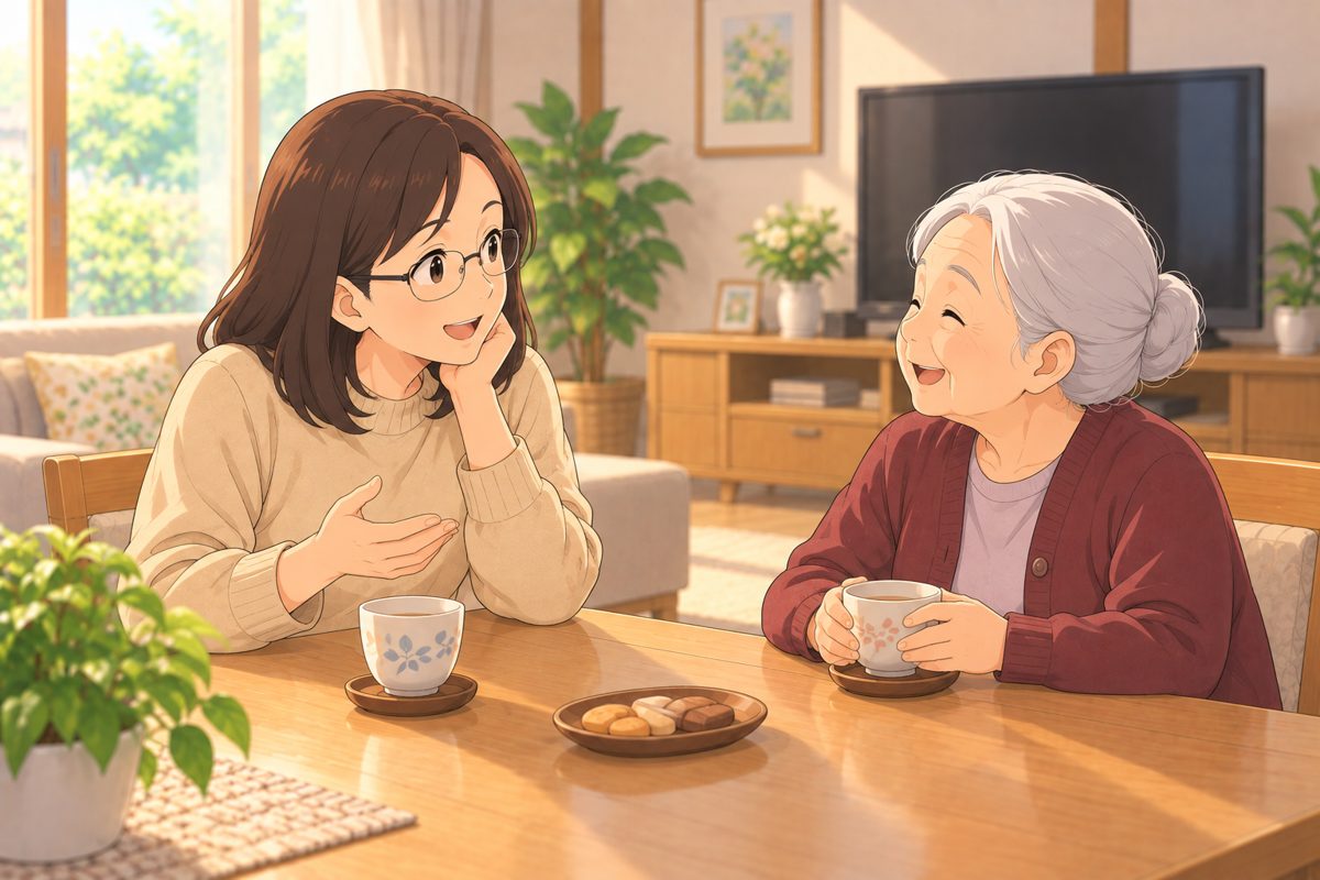 テレビを消して、娘と母が笑顔で話している
