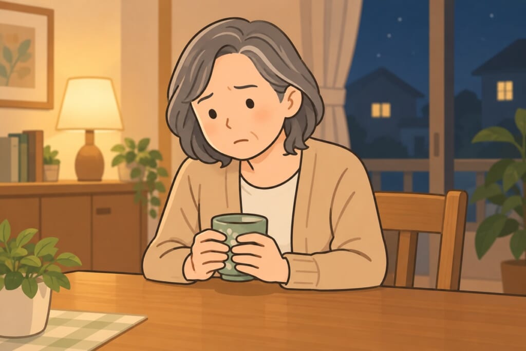 夜のダイニングで、親がひとりで湯のみを手に考えている様子