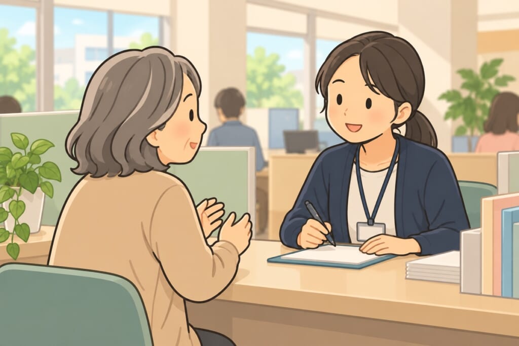 明るい窓口のカウンターで、親が相談員に話を聞いてもらっている様子