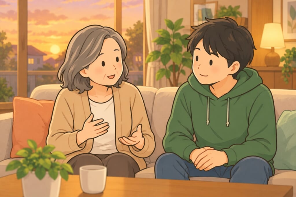 居間のソファに並んで座り、子が親の話を聞いている様子