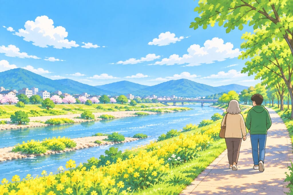 晴れた日の川沿いの道を並んで歩く親子の後ろ姿