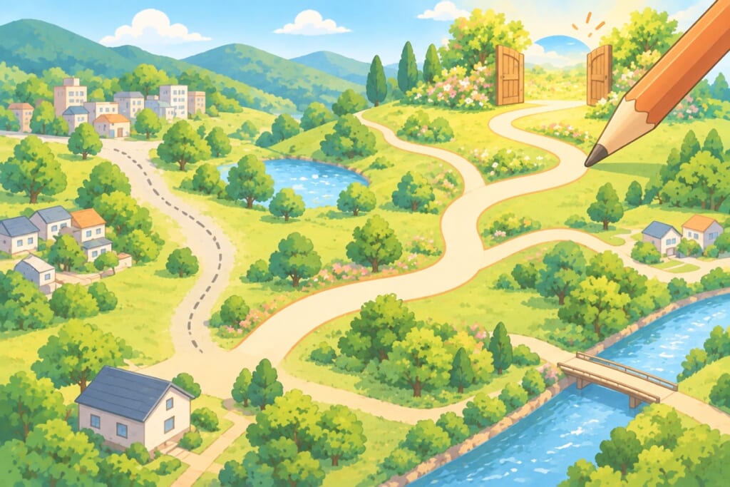 一本道が分かれ道と出口のある道に描き直されていくイメージ