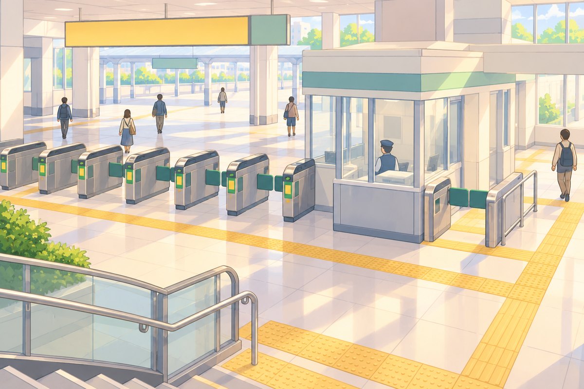 係員のいる改札が見える、明るい駅の改札口