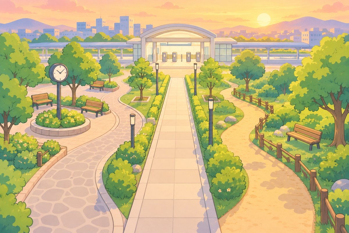 駅へ向かう3本の道が描かれた公園の風景