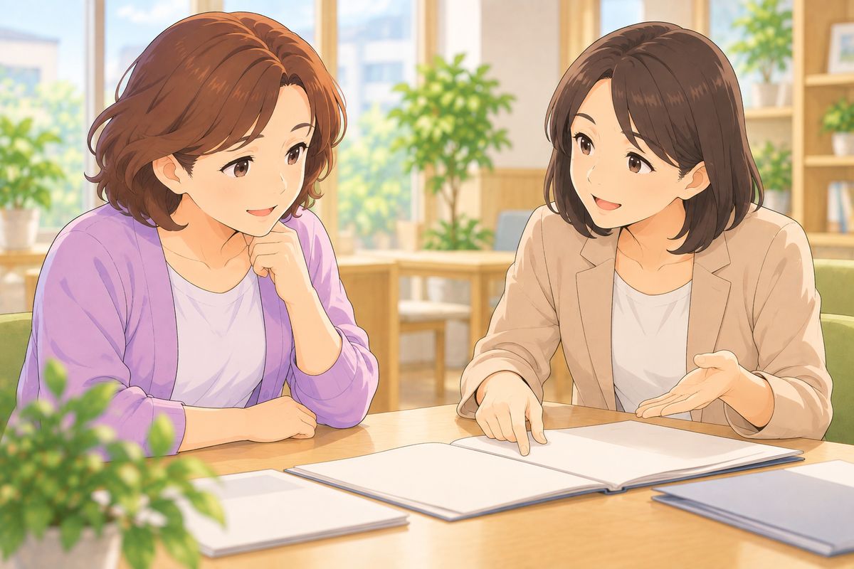 老人ホーム探しの場面のイラスト