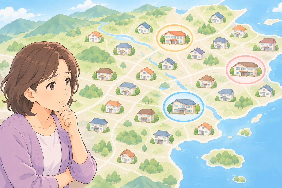 老人ホーム探しの場面のイラスト