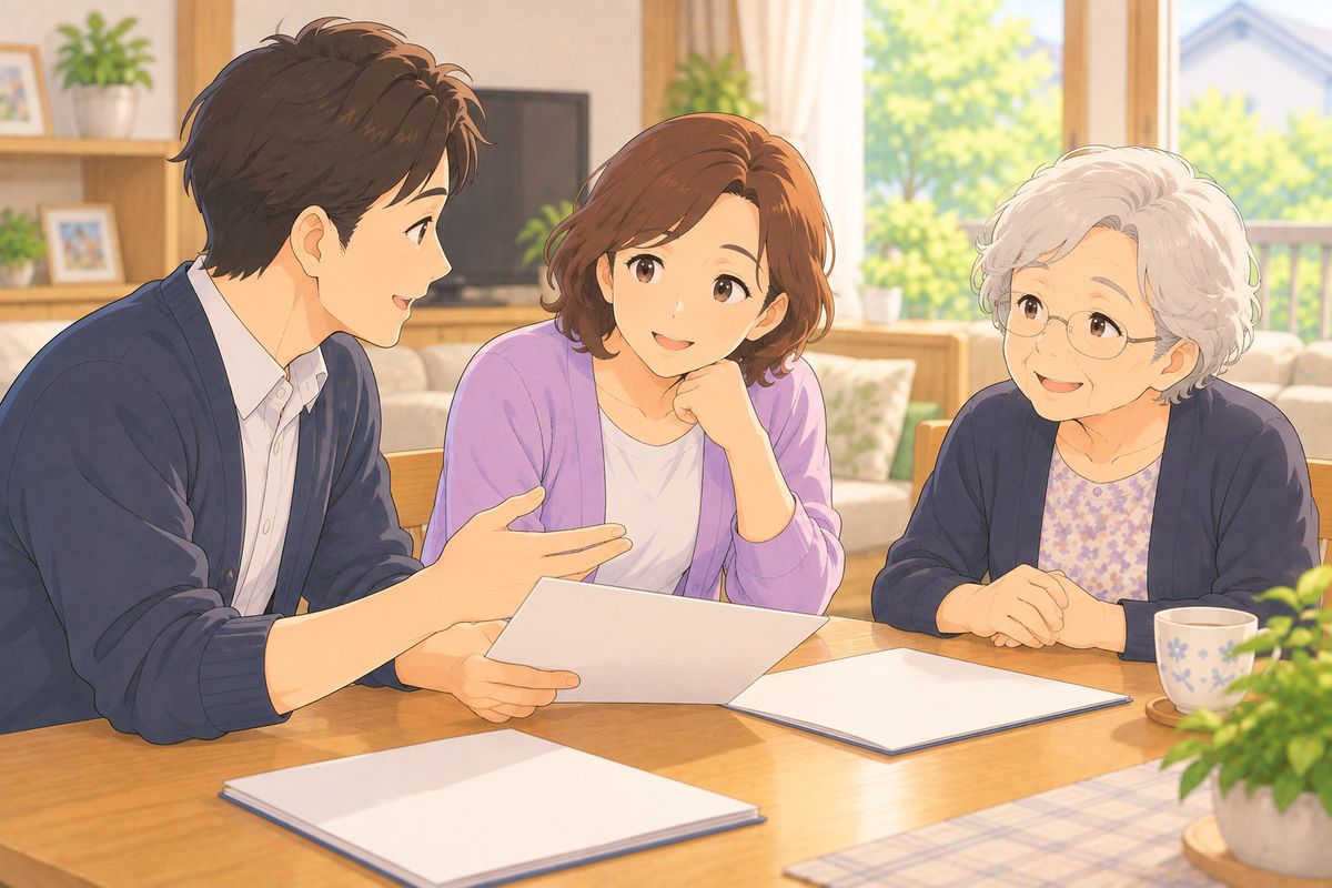 老人ホーム探しの場面のイラスト