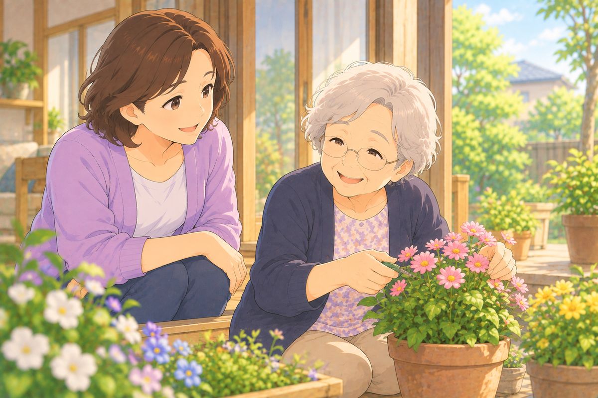 老人ホーム探しの場面のイラスト