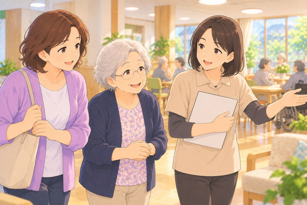 老人ホーム探しの場面のイラスト