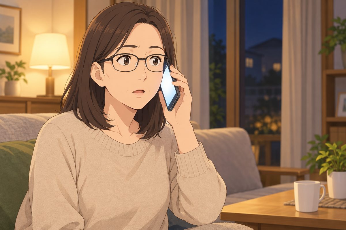 夜の自宅で、娘が親からの電話を落ち着いて聞いている