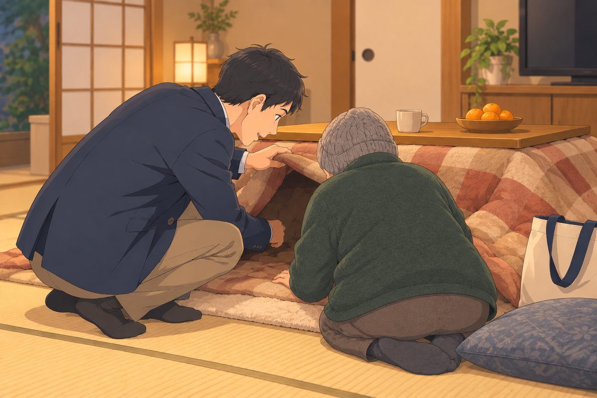 こたつのそばで、訪問者と高齢の人が一緒にこたつ布団の中をのぞいている