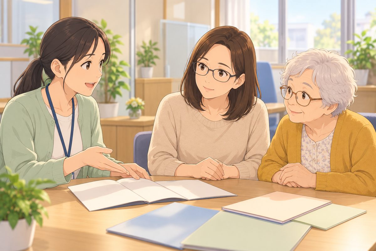 相談室で、相談員が母と娘におだやかに説明している