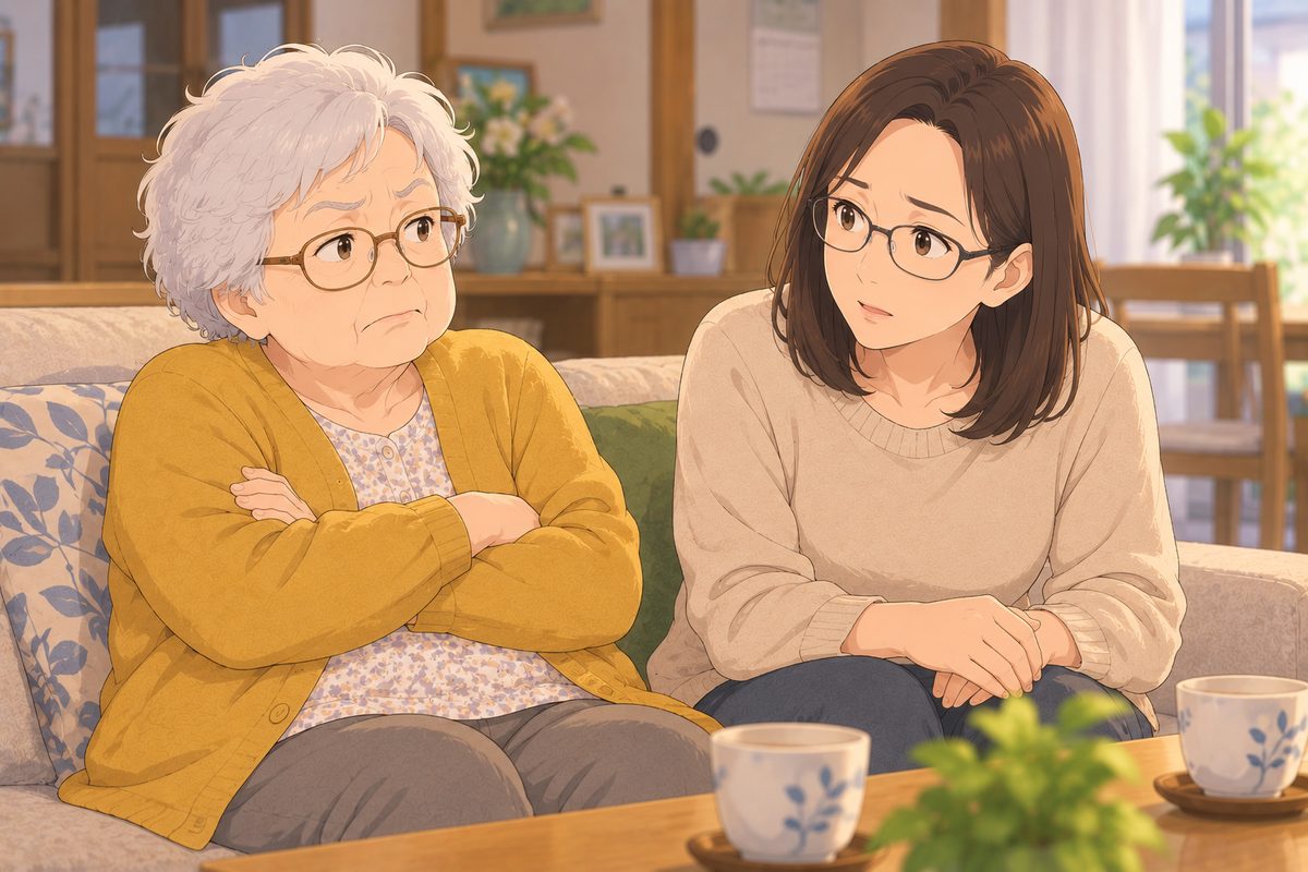 母が腕を組んで少しむっとしていて、娘が責めずに話を聞いている