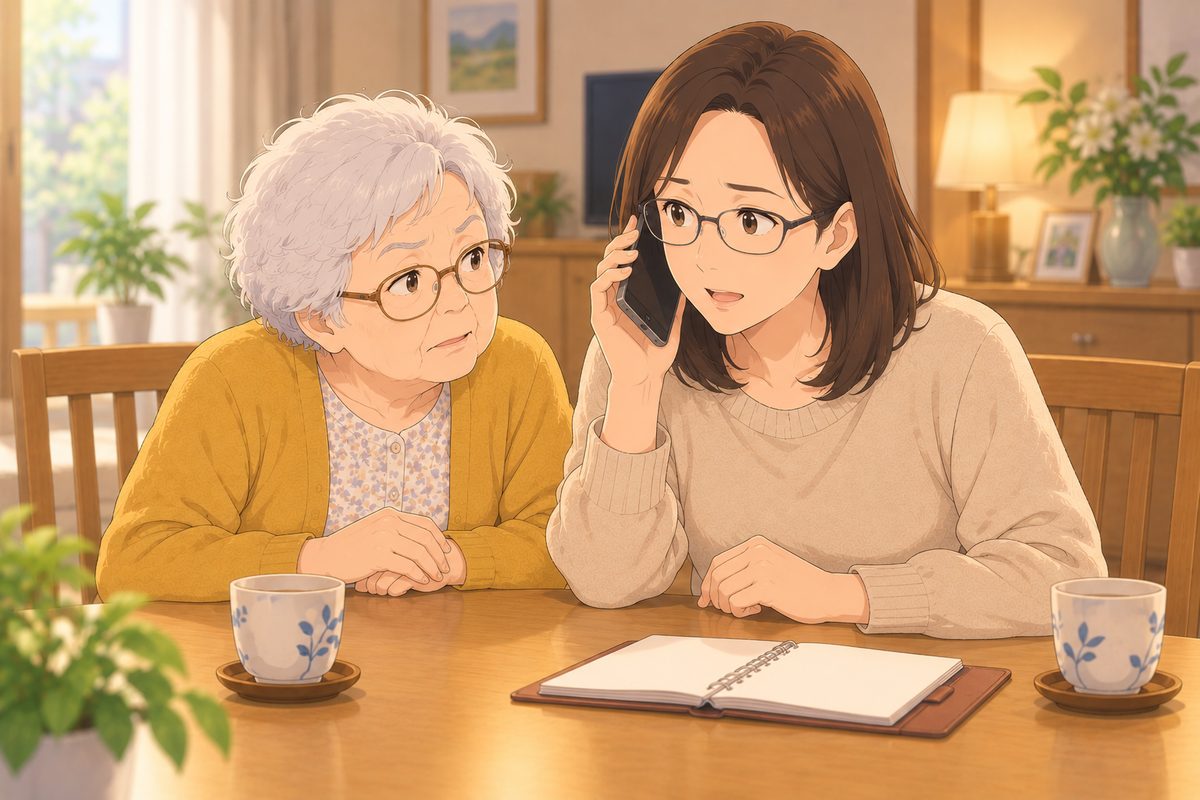 母と娘が並んで座り、娘が母にも聞こえるように電話している